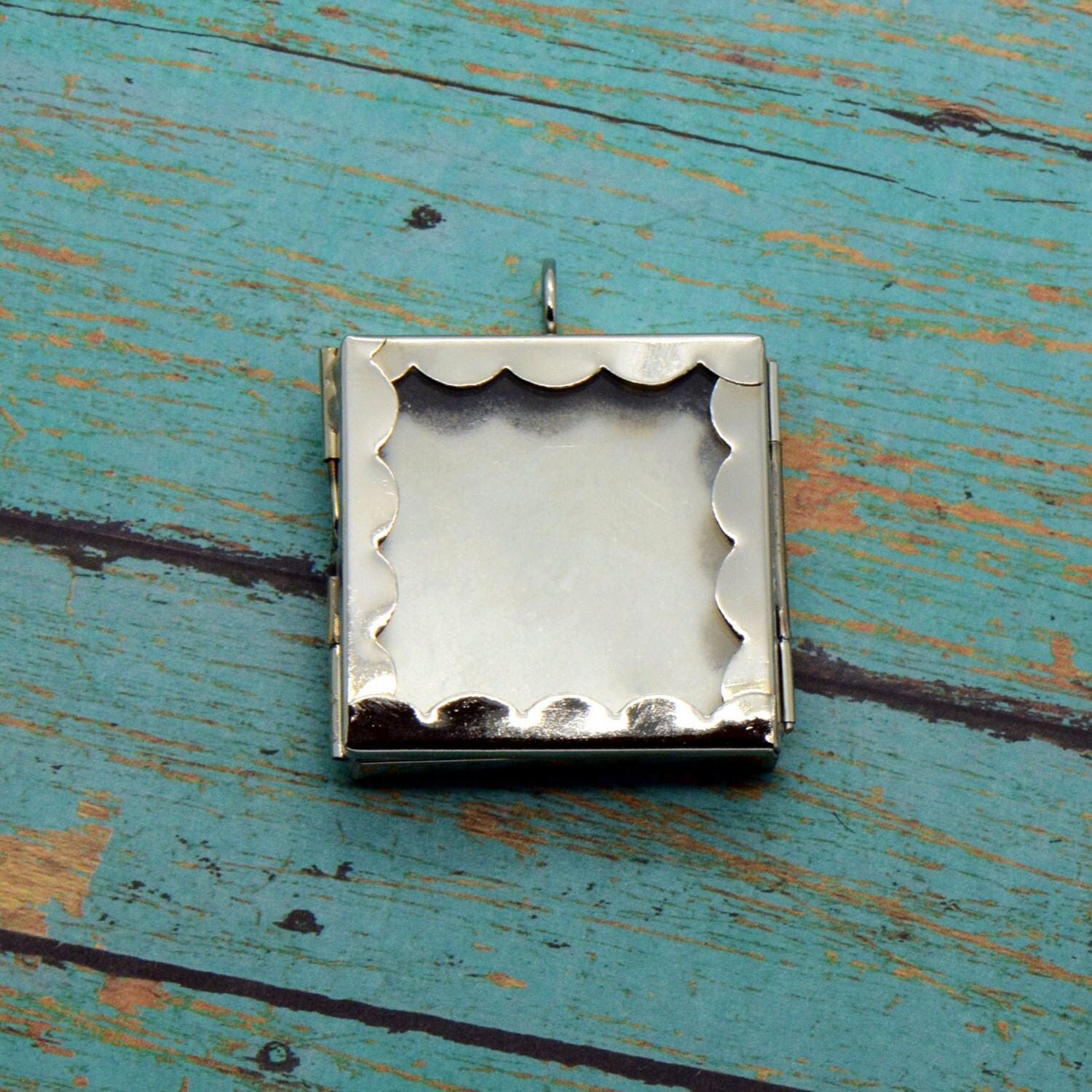 Scalloped Square Glass Shadow box Locket Pendant Charm Silver