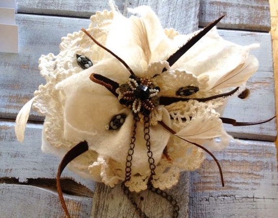 Felted flower pin brooch creme lace leather chain beads by immortalkraft steampunk buy now online