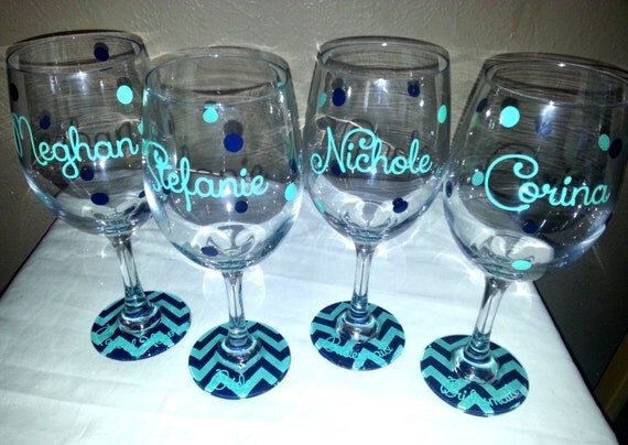 Set of 4 Personalized Chevron base Bridesmaid wine glasses.