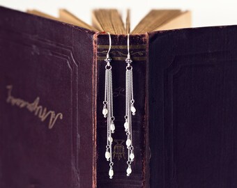 64_Long earrings, Silver earrings, Chain earrings, Long chain earrings, Pearl earrings, Handmade earrings, Earrings with pearl, Wedding