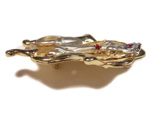 FREE SHIPPING Rare AJC royal cat on throne brooch, red rhinestone tiara and red rhinestone collar silver gold tone gloss and matte finish