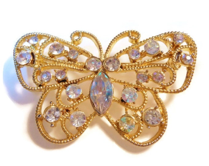 FREE SHIPPING Butterfly brooch, open work rhinestone AB butterfly (Aurora Borealis) in gold tone