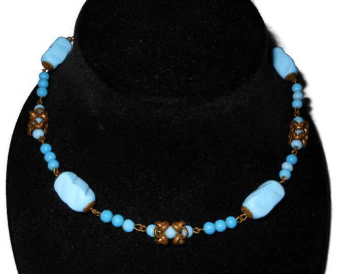 FREE SHIPPING Blue lampwork choker, 1940s opaque turquoise glass beads with brass embellishments, believed to be Italian