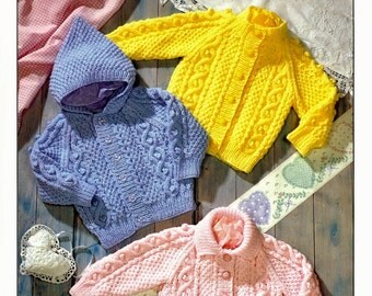 Baby Children's Aran 10 ply Hooded Jacket and 2 Jackets sizes 18 - 24 ins - Teddy 7157 - PDF of Vintage Knitting Patterns