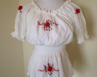 DEADSTOCK - 1940s Sheer White Nylon & Blue Rose Embroidery Mexican Peasant Top Blouse