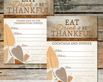 Thanksgiving Invitation - Instant Download - Fall Leaves Eat Drink & Be Thankful DIY Digital Printable