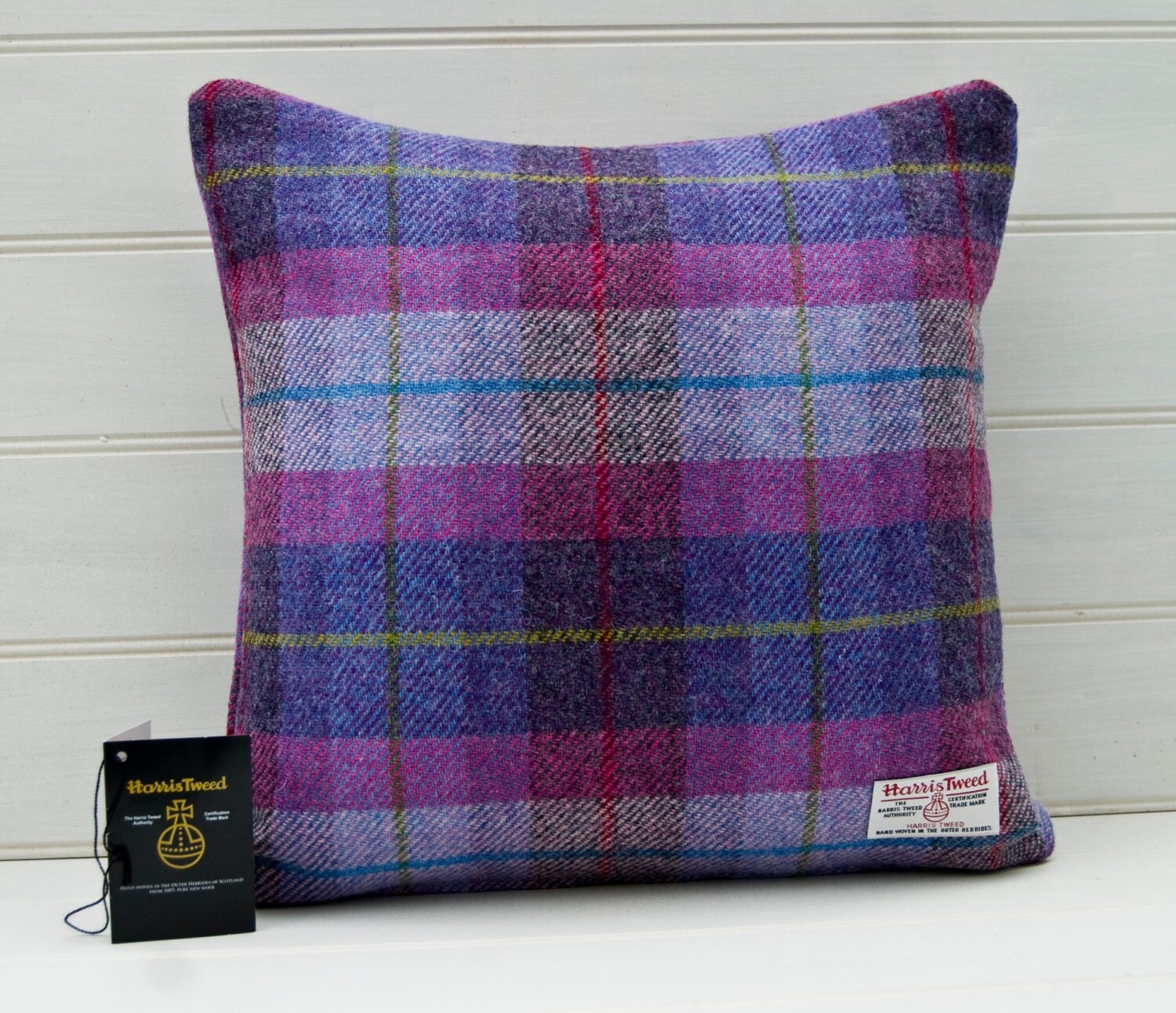 Purple Tartan Harris Tweed Cushion Cover Plaid by GreenCallow