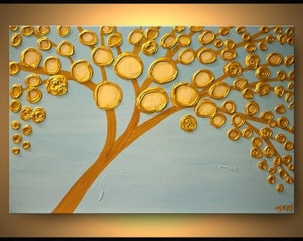 ORIGINAL Painting Contemporary Gold Bloom Acrylic Painting Heavy Palette Knife Texture by Osnat