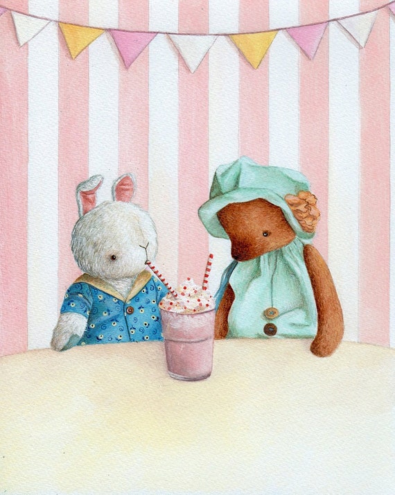 Nursery Art Print, Teddy Bear and Bunny Sharing Milkshake