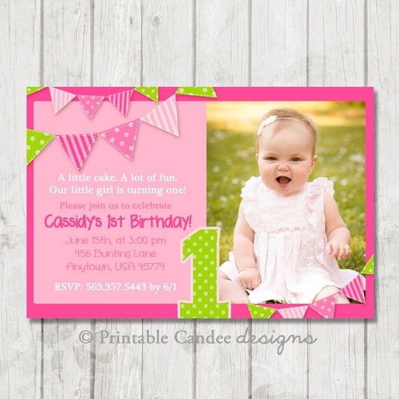 Items similar to Pink and Green Bunting Birthday Invitation - Girl 1st ...