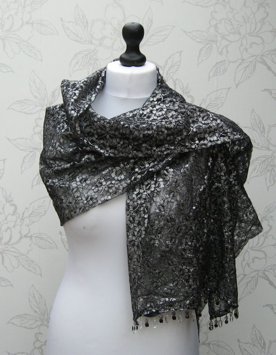 Silver & Black Lace Stole, Beaded Lace Wrap