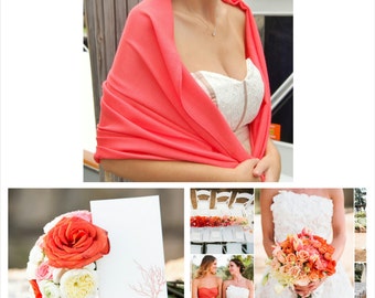 BRIGHT CORAL PASHMINA Scarf. Pashmina scarf. Pink PAshmina. Bridal Shawl. Bridesmaid gifts. Wedding Favor. Pashmina Shawl.