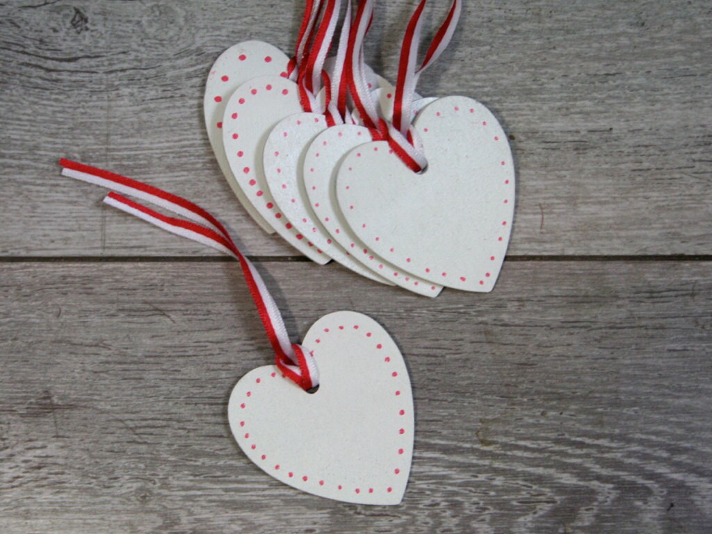 Wooden Hearts Handmade White Decorations Red & White Ribbon, Lazercut, Craft, Christmas, 6 Pack, 6cm