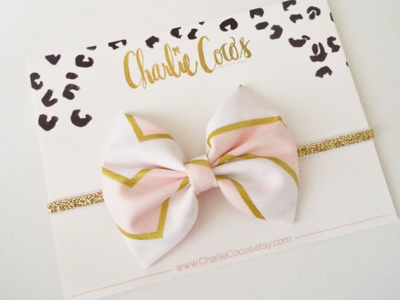 Baby Bow Headband-Pearl Pink, White and Gold Glitter Bow on Gold Sparkle Headband by Charlie Coco's