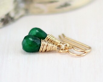 Gold Emerald Earrings, 14k Gold Filled Genuine Emerald Earrings May Birthstone Jewelry Green Gemstone Dangle Wire Wrapped