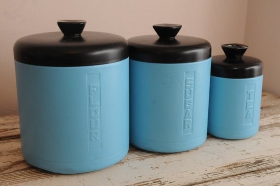 Vintage Turquoise Kitchen Canisters Metal Set of 3