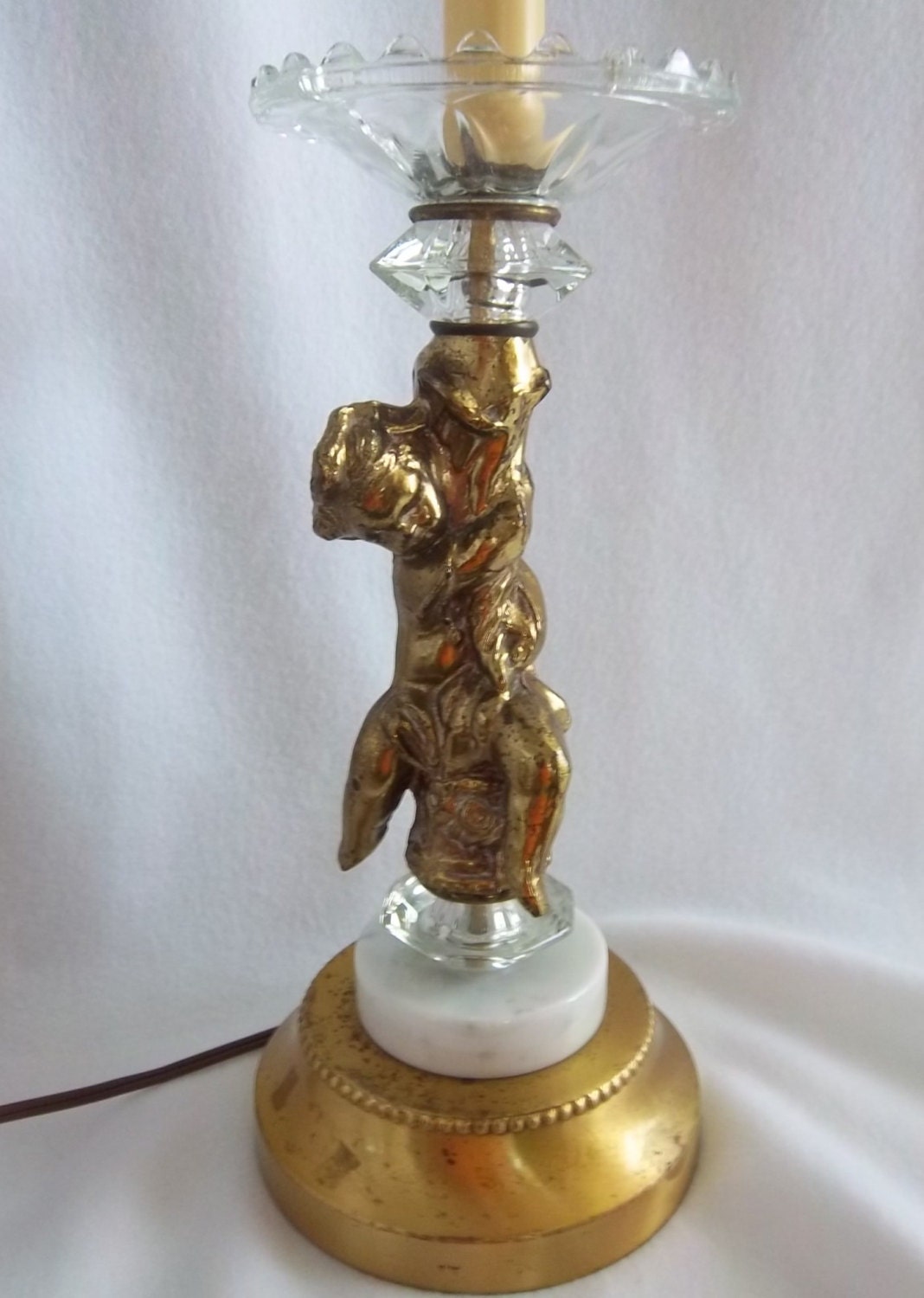 Shabby Chic Angel Lamp Brass Cherub with Crystal Accents and