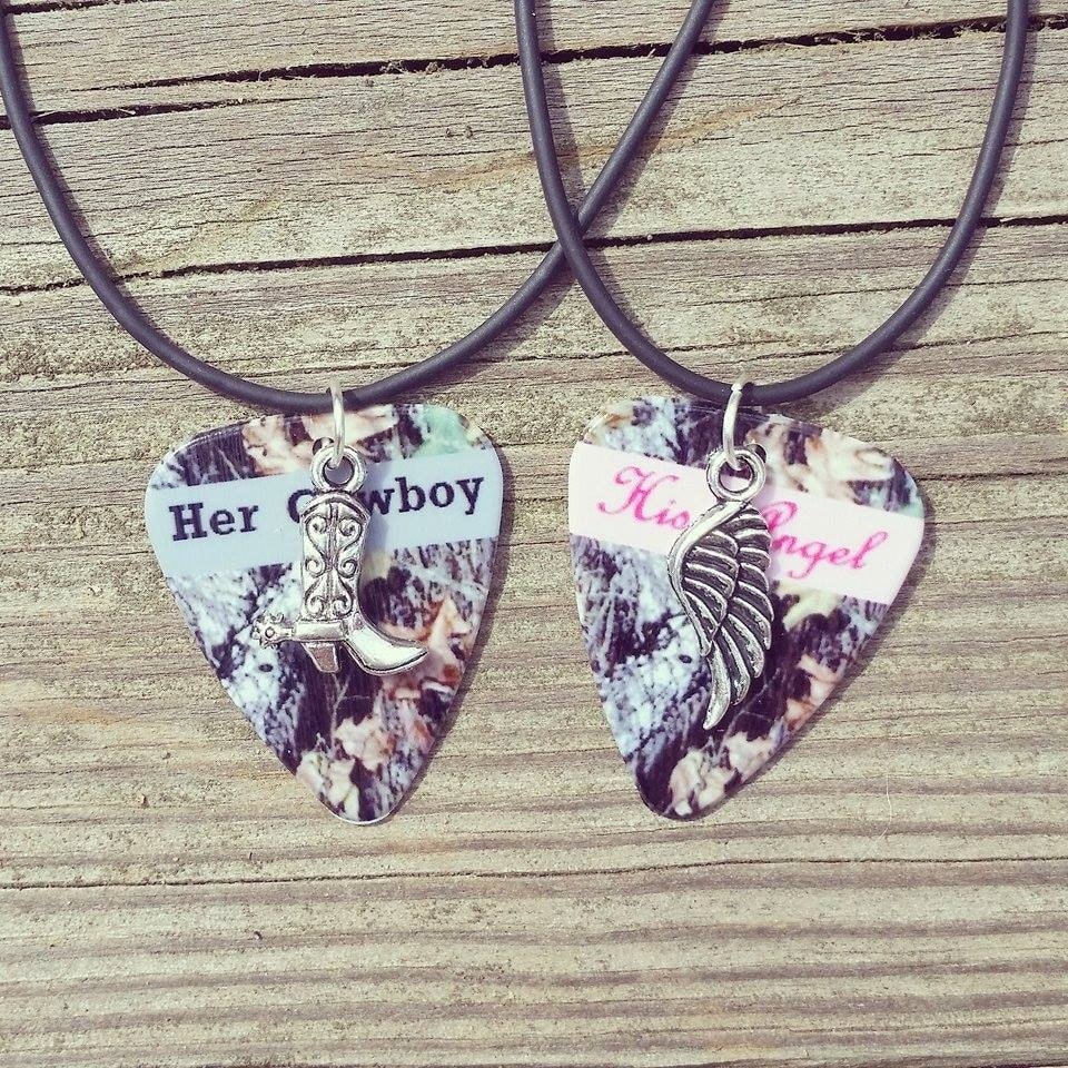 Her Cowboy His Angel necklaces boot wing silver charm guitar