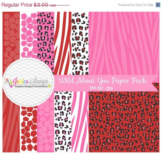 50% OFF - INSTANT DOWNLOAD, Wild about you digital paper pack - valentine's day paper - animal print background - card making - digital scr Il_570xn