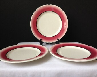 Homer Laughlin - Restaurant Ware -Air Brushed - Dessert/Bread Plates, Burgundy and Black - 1970's - Set of Three