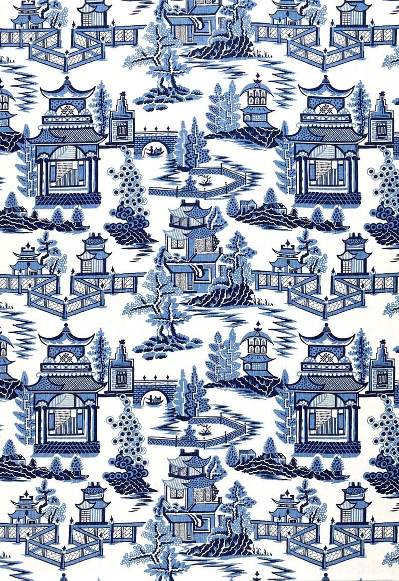 SCHUMACHER CHINOISERIE PAGODA Toile Linen Fabric 10 yards Blue