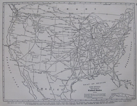 Vintage UNITED STATES Map 1940s RAILROAD Map Black and White