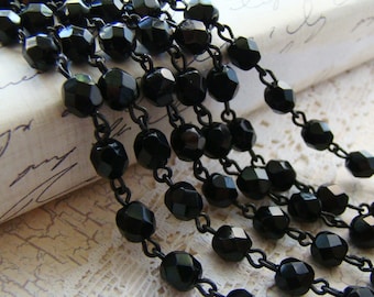 Faceted Czech Jet Black Rosary Beaded Chain Black Patina Brass Links 6mm Beads – 1 Ft.
