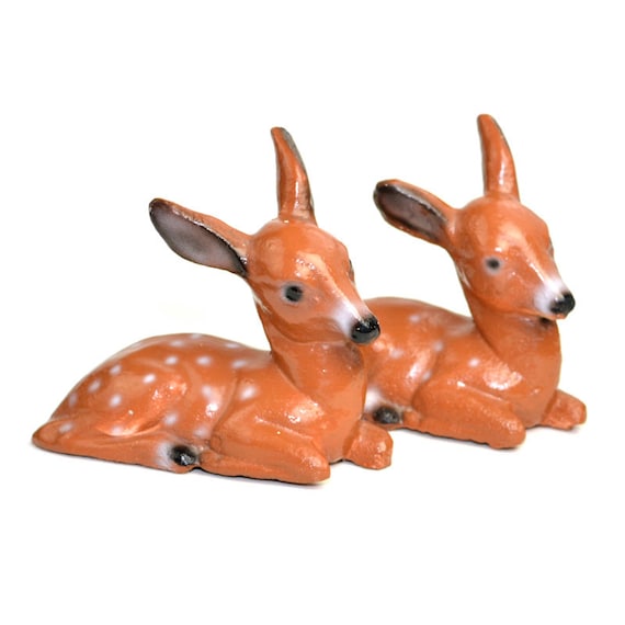 Concrete Deer Fawn Statues 2 Airbrush Painted Brown White