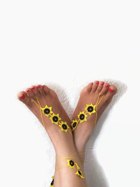 Barefoot Sandals, Crochet barefoot sandals ,yellow and black, Flower ...