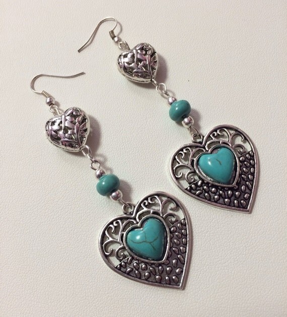Turquenite Heart Charm Long Earrings turquoise earrings