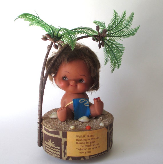 Vintage Hawaii Souvenir Music Box Boy Tiki Bar Decor Hawaiian 1960's Tropical Kitschy Theme Palm Trees