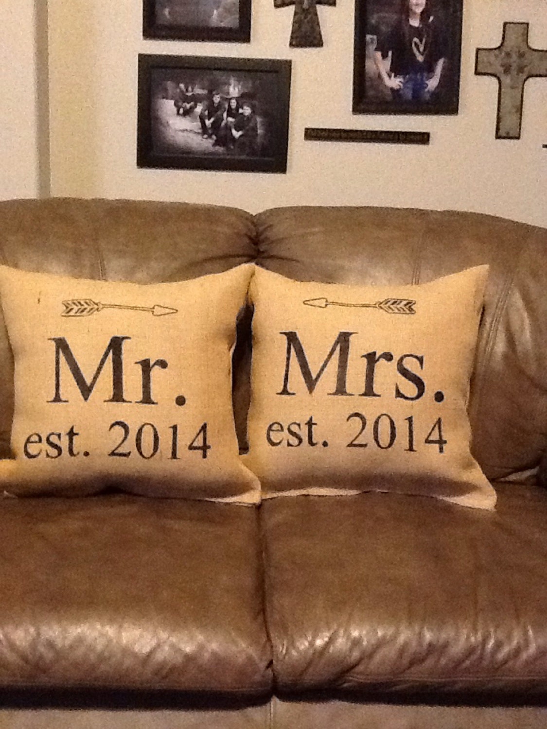 Personalized Mr. and Mrs. Burlap pillow by burlapheartstrings