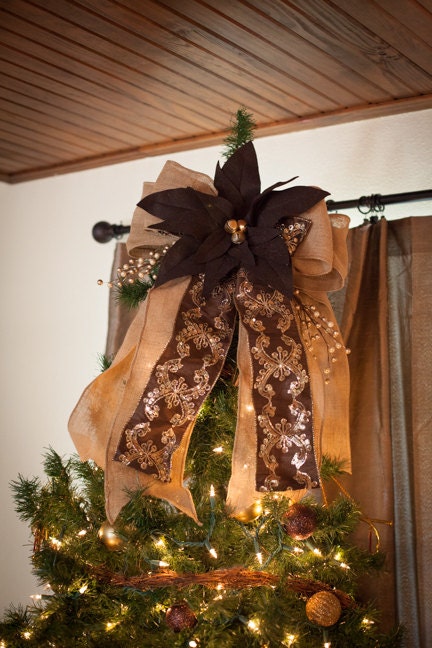 READY TO SHIP, Only One Left, burlap Christmas tree topper,wreath, felt, poinsettia, woodland, natural, choc. brown, holiday decor,holidays