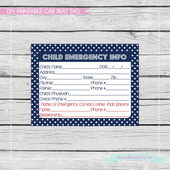 Items Similar To Blue Infant Car Seat Emergency Information Tag 