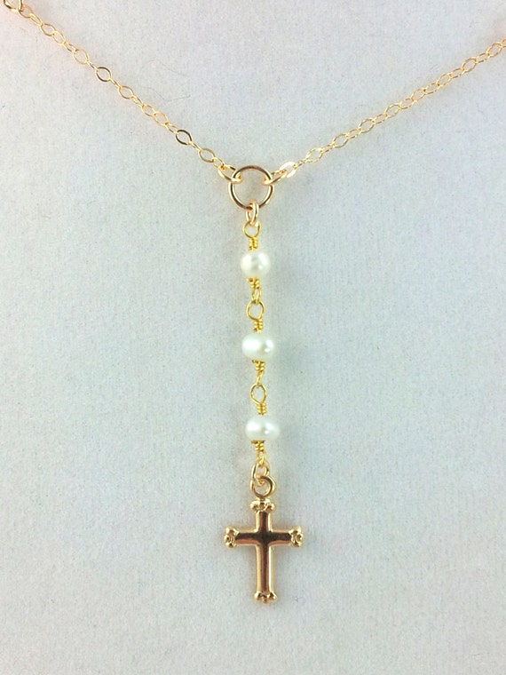 Little Girls Gold Rosary Necklace Pearl Cross Necklaces Dainty