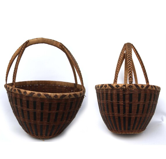 Hand Woven Basket with Handle Tribal Herringbone Pattern