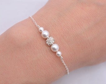 Pearl and Rhinestone Bridal Bracelet, Swarovski Pearl Bridal Bracelet, White Ivory Wedding Bracelet, Floating Pearl Crystal Bracelet 0224