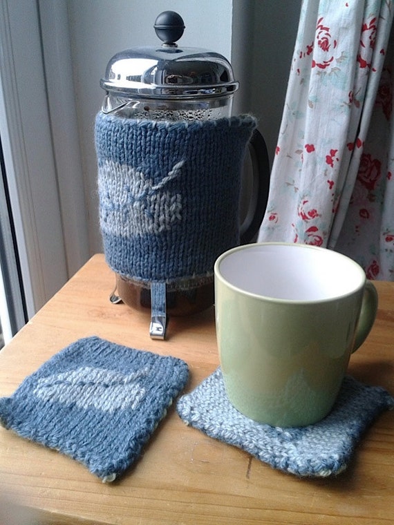 Download Knitted cafetiere French press cosy breakfast set leaf pattern