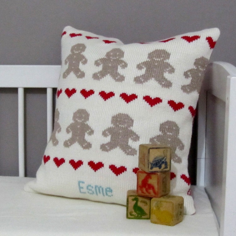 Gingerbread Knitted Cushion for Babies and Children by SmittenUK