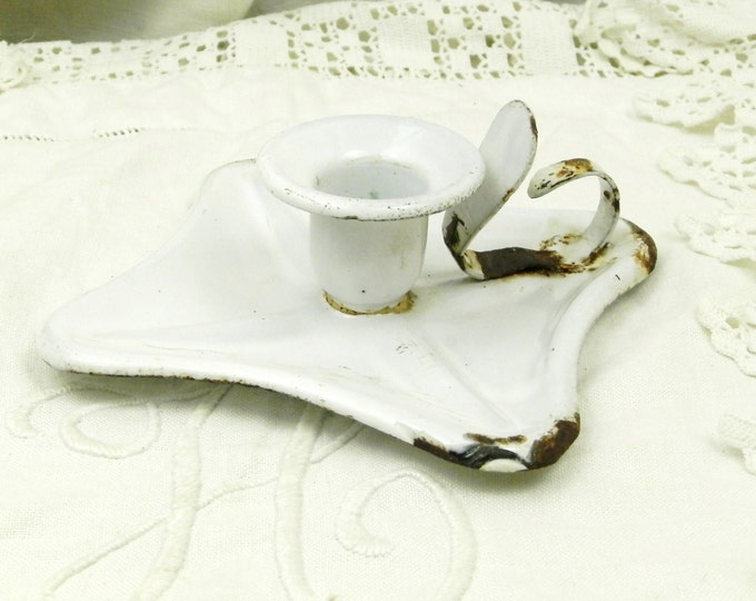 Antique French Chippy White Enamel Candle Holder / French Country Decor / Shabby Chic / Retro Home / Fleamarket / Candlestick / Bedroom