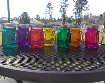 16 oz MASON JAR Sippy Tumbler - Glass with Handle - Choose your Color - Bachelorette Glasses- Baby Showers - Wedding Glasses