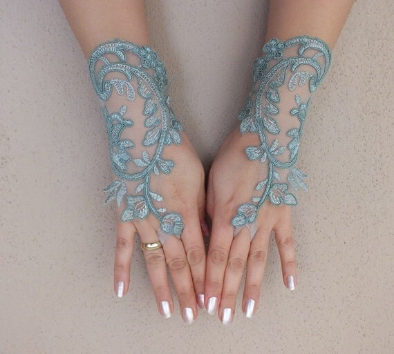 WEDDINGGloves ® cadet blue lace gloves Fingerless by ByVIVIENN