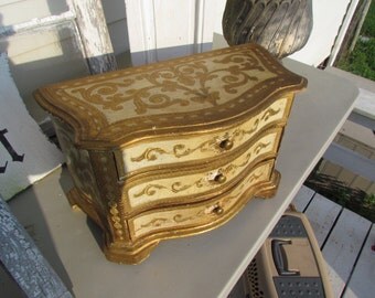 Vintage Florentine Large Jewelry Box Carved Wooden Florentia