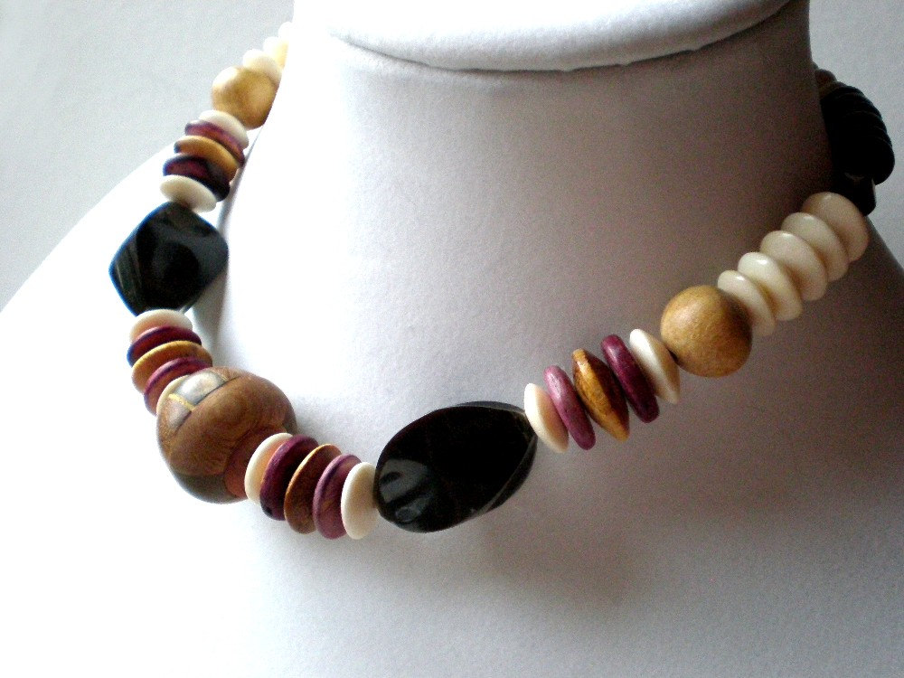 Chunky wood necklace – tribal mixed wood choker, ethnic necklace, black ...