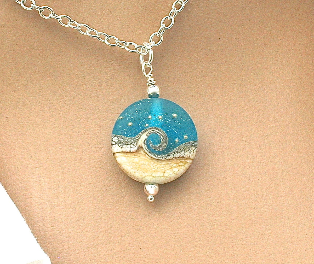 Ocean Necklace Ocean Wave Blue Pendant Lampwork Necklace