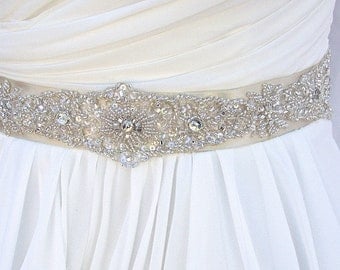 Beaded Bridal Sash-Wedding Sash In Pale Champagne,Beaded Sash, Wedding Dress Sash, Bridal Belt