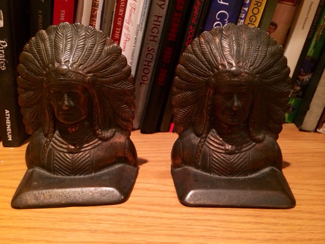 Antique Indian Chief Brass Bookends by Verona Vintage Ca.1925