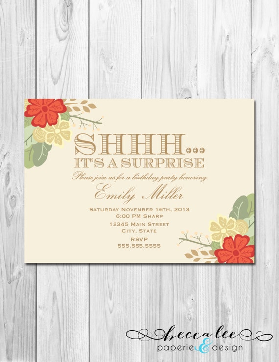 Surprise Party Invitation - Green, Red and Brown Floral - DIY - Printable Il_570xn