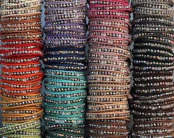PICK ONE crystal wrap bracelet on colored leather