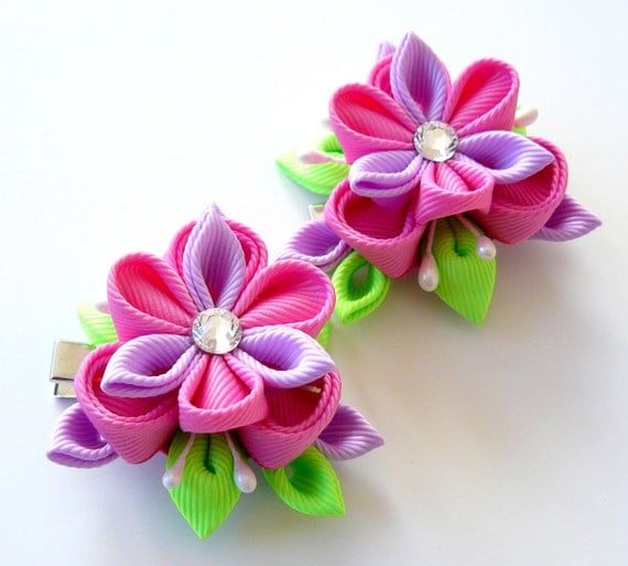 Kanzashi Fabric Flowers. Set of 2 hair clips. Pink orchid